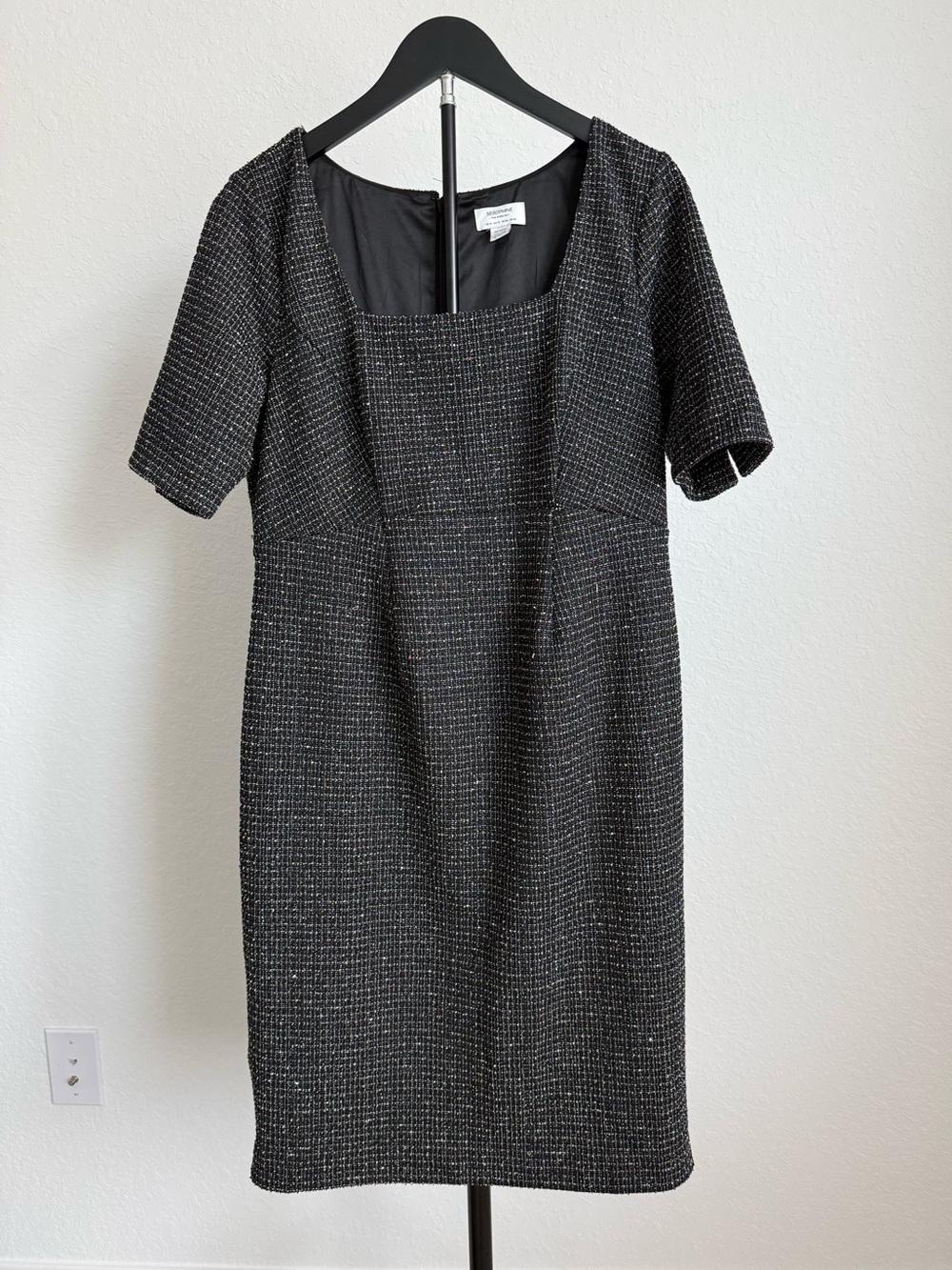 Seraphine Black Tweed Square-Neck Midi Dress